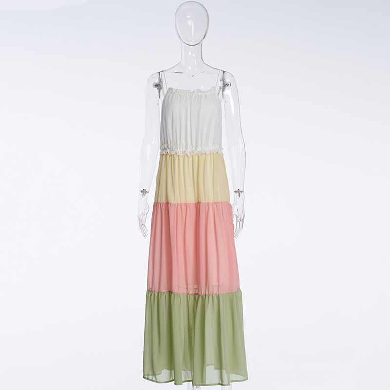 Рокля с тиранти във френски курортен стил Дълга рокля с контрастен цветен дизайн