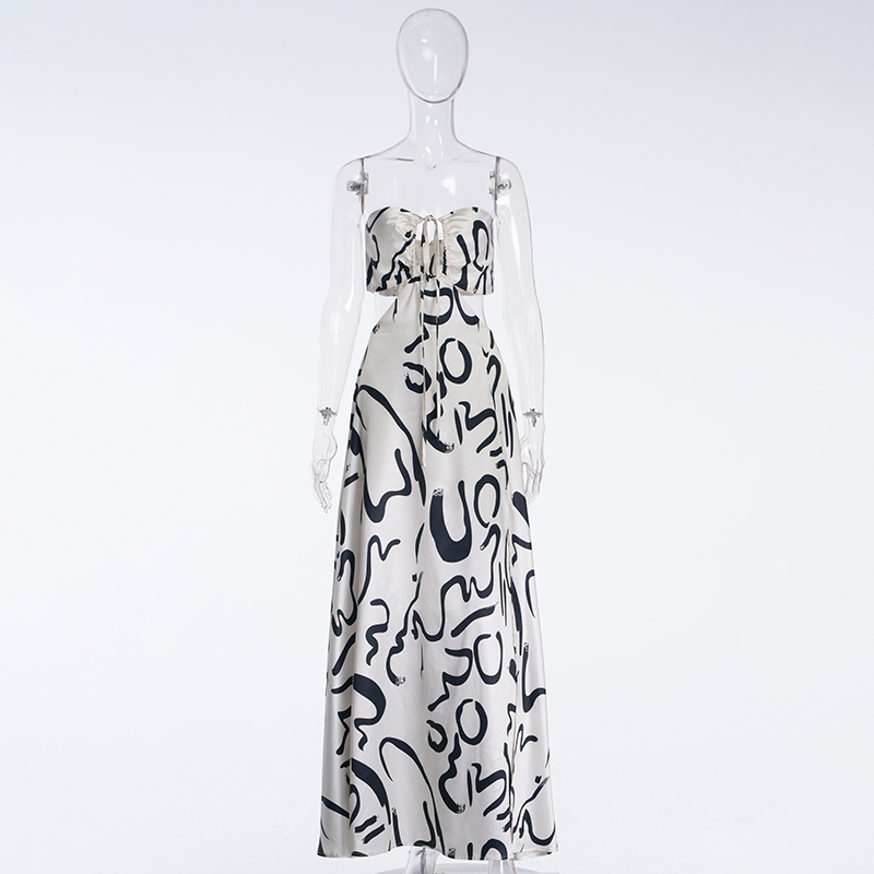 Модное платье из атласной ткани с принтом без бретелек, длинная юбка