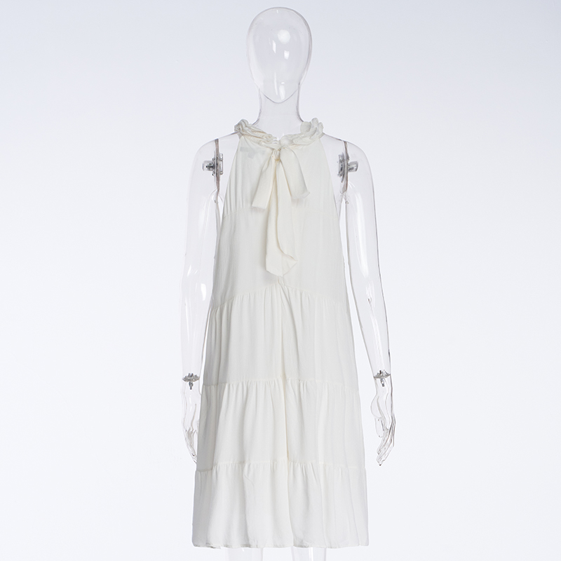 French Resort Style Sleeveless Off-shoulder Cake Dress White Bow Halter Neck Dress