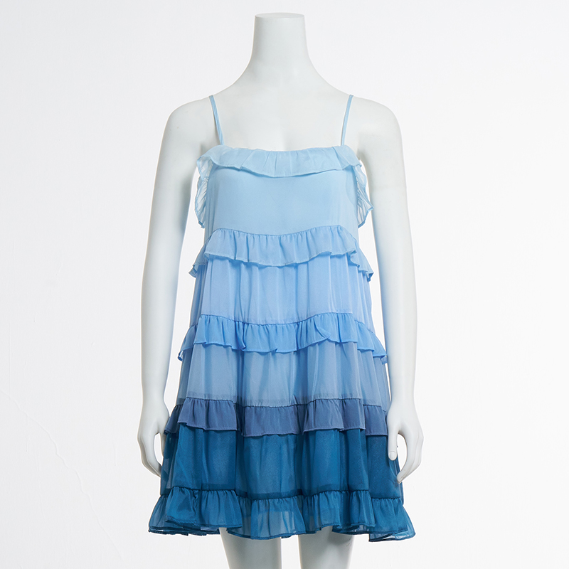 French Resort Style Tie Bow Blue Gradient Suspender Strapless Cake Skirt Dress