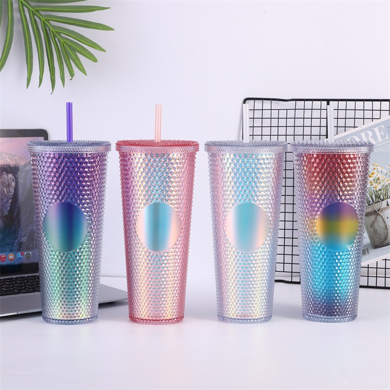 24oz Bling Studded Double Wall Cold Cup Tumbler With Straw