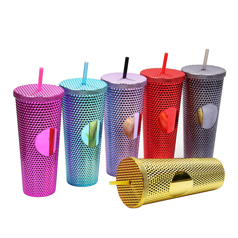24oz Bling Studded Double Wall Cold Cup Tumbler With Straw