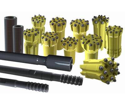 Factory supplied button bits and drill rod power tools for drilling hard rock