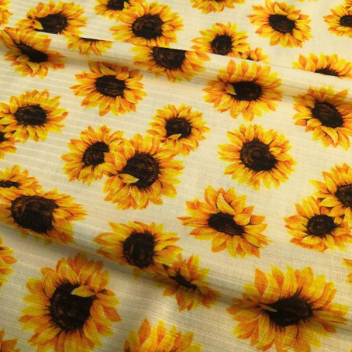 Pola bunga matahari tekstil Suerte menyesuaikan pencetakan kain rajutan rusuk kustom poliester spandeks
