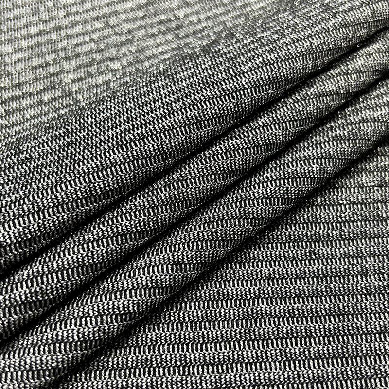 Suerte Textile R/T Spandex შავი ვერცხლისფერი ნეკნებიანი მეტალის ნაქსოვი ქსოვილი