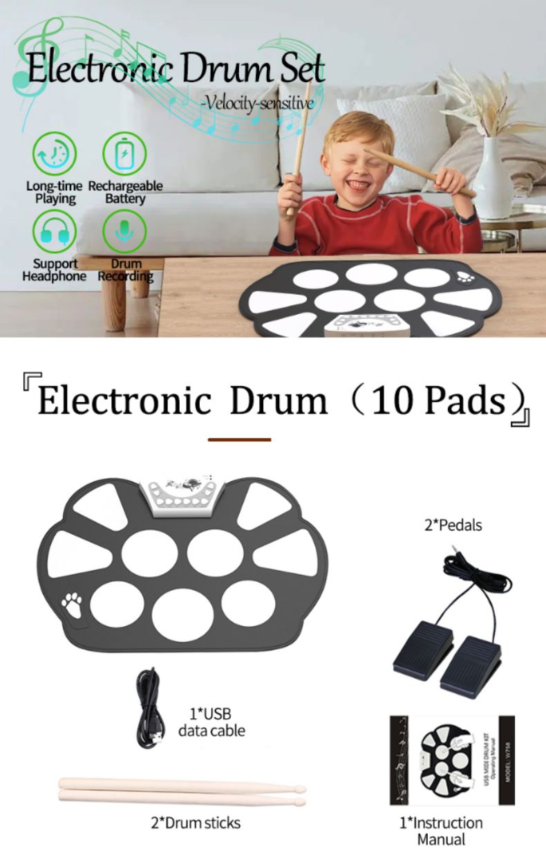 Portable Sillicon konix W758 Electric Drum Hand Roll Drum for Babys (1)qis