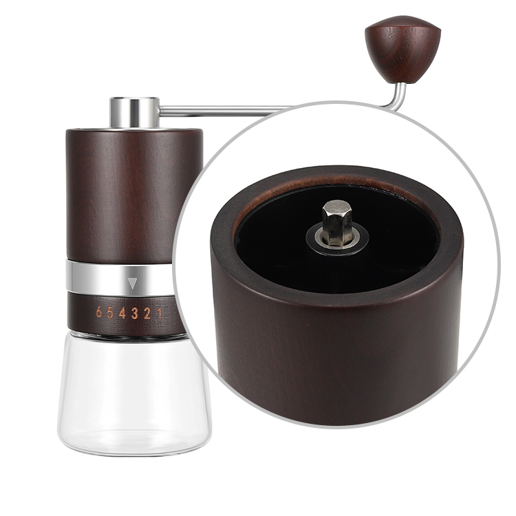 Ručný mlynček na kávu na drevo s oceľovým mlynčekom a nastaviteľnými nastaveniami