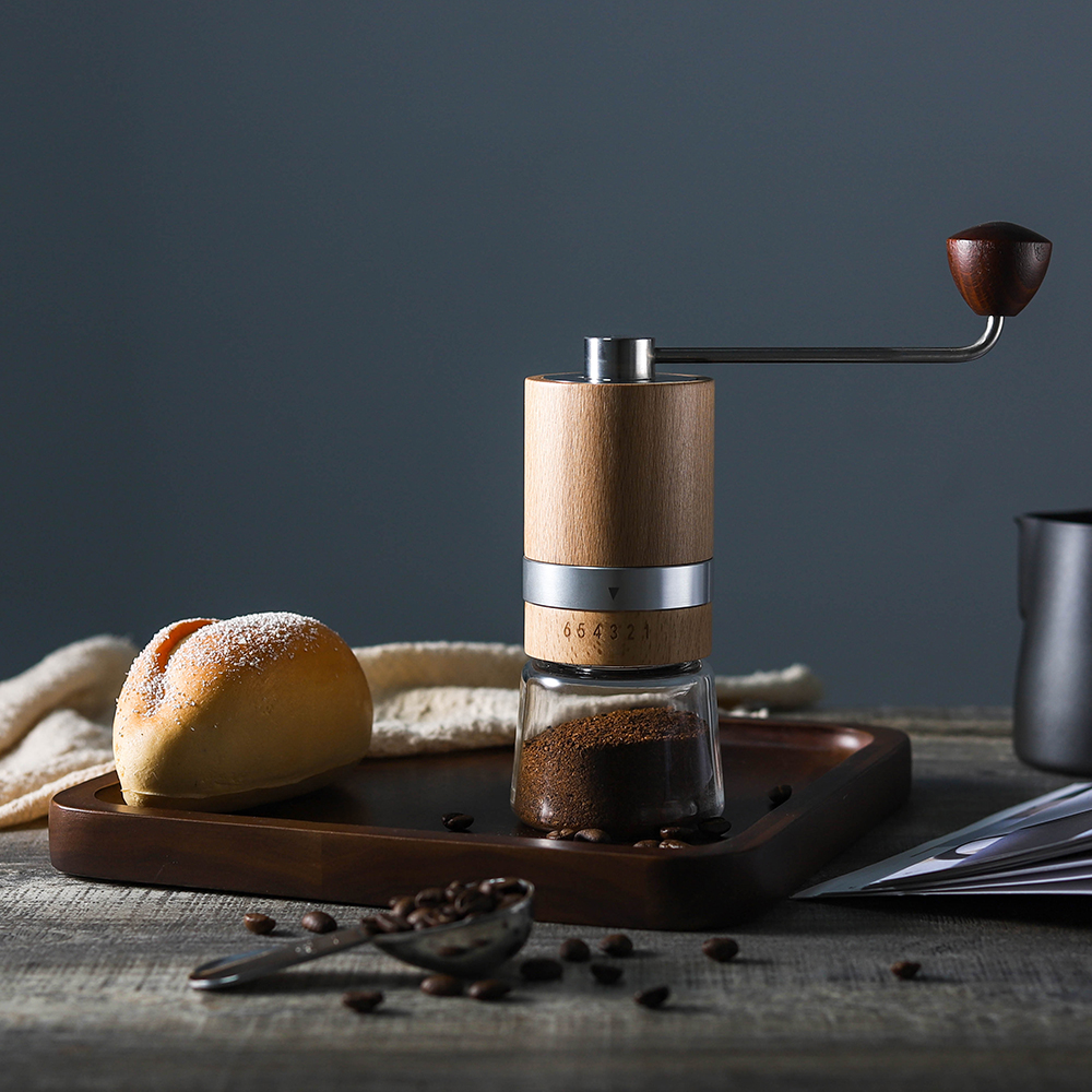 Molinillo de café de mano de madera al por mayor con diseño de molienda ajustable