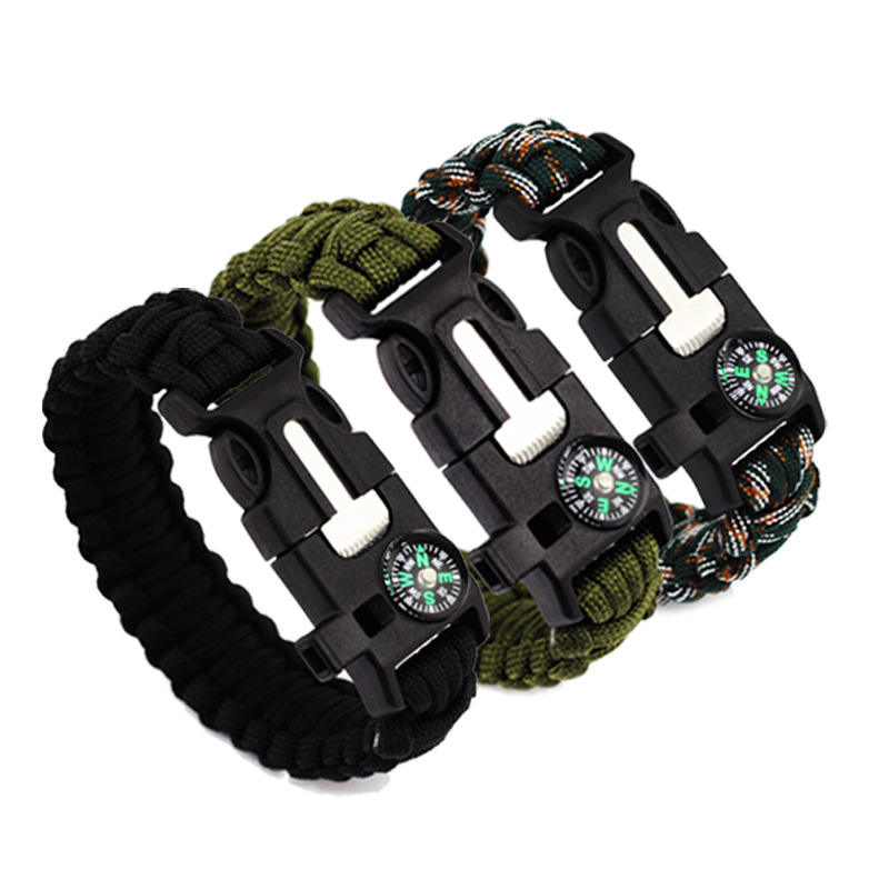 Outdoor multifuncational emergency paracord parachute cord rope bracelet with fire starter compass and whistle