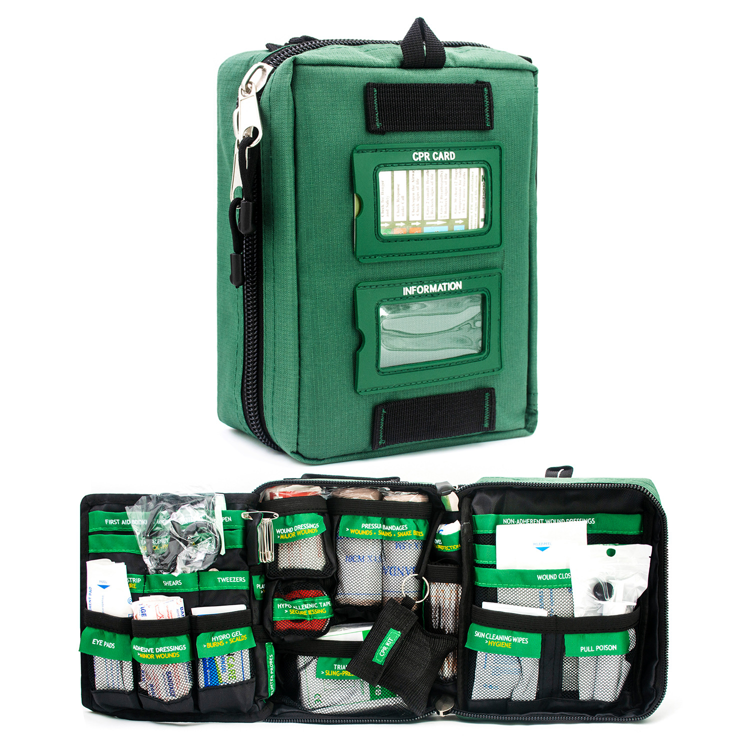 Green Home car first aid kit with multi compartment and labels