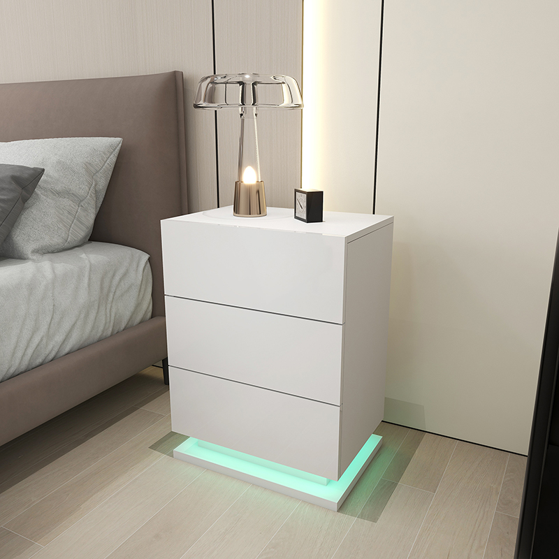 White Nightstand with Led Lights with 3 High Gloss Drawers