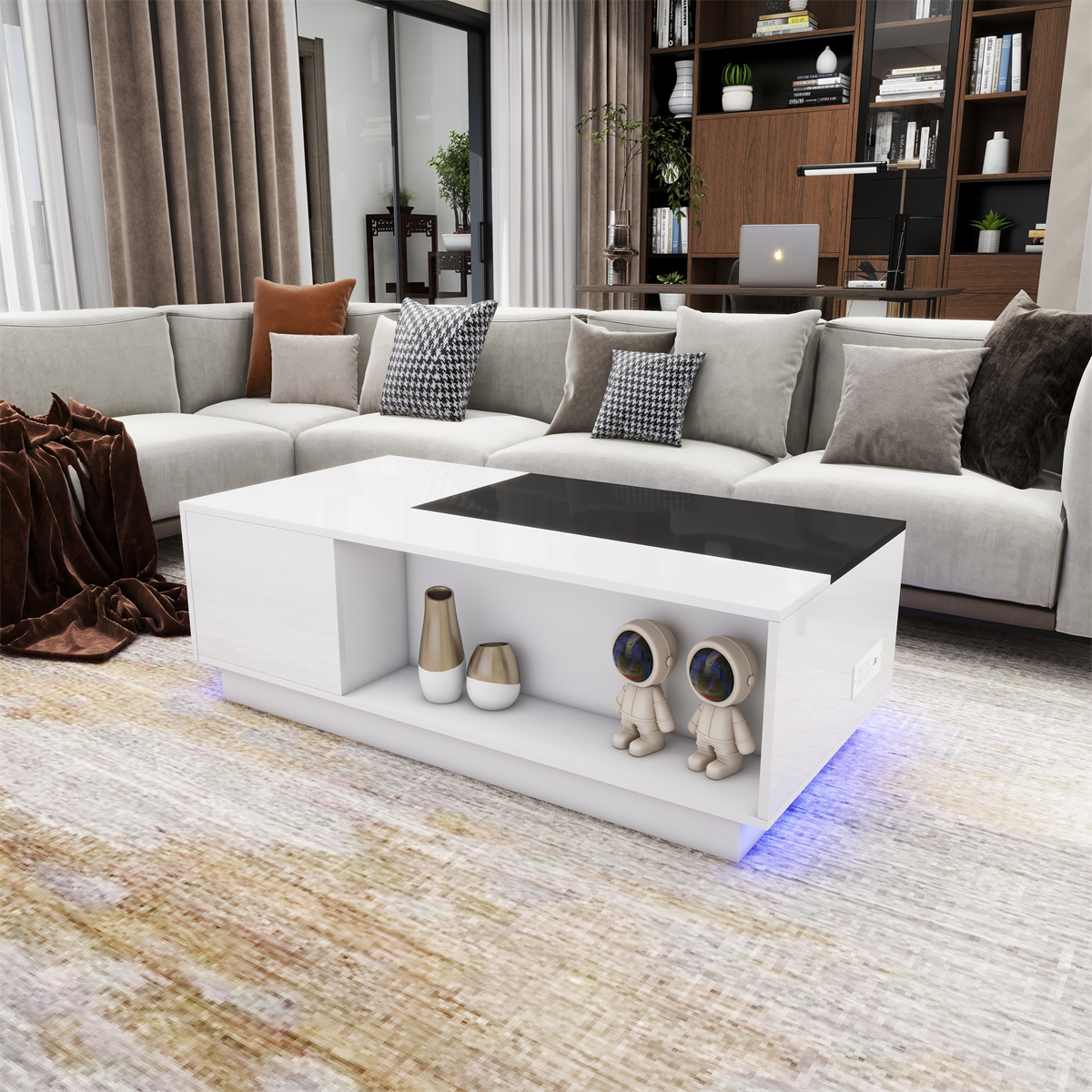 Stylish Wood Lift Top Black LED Coffee Table with Power Outlet