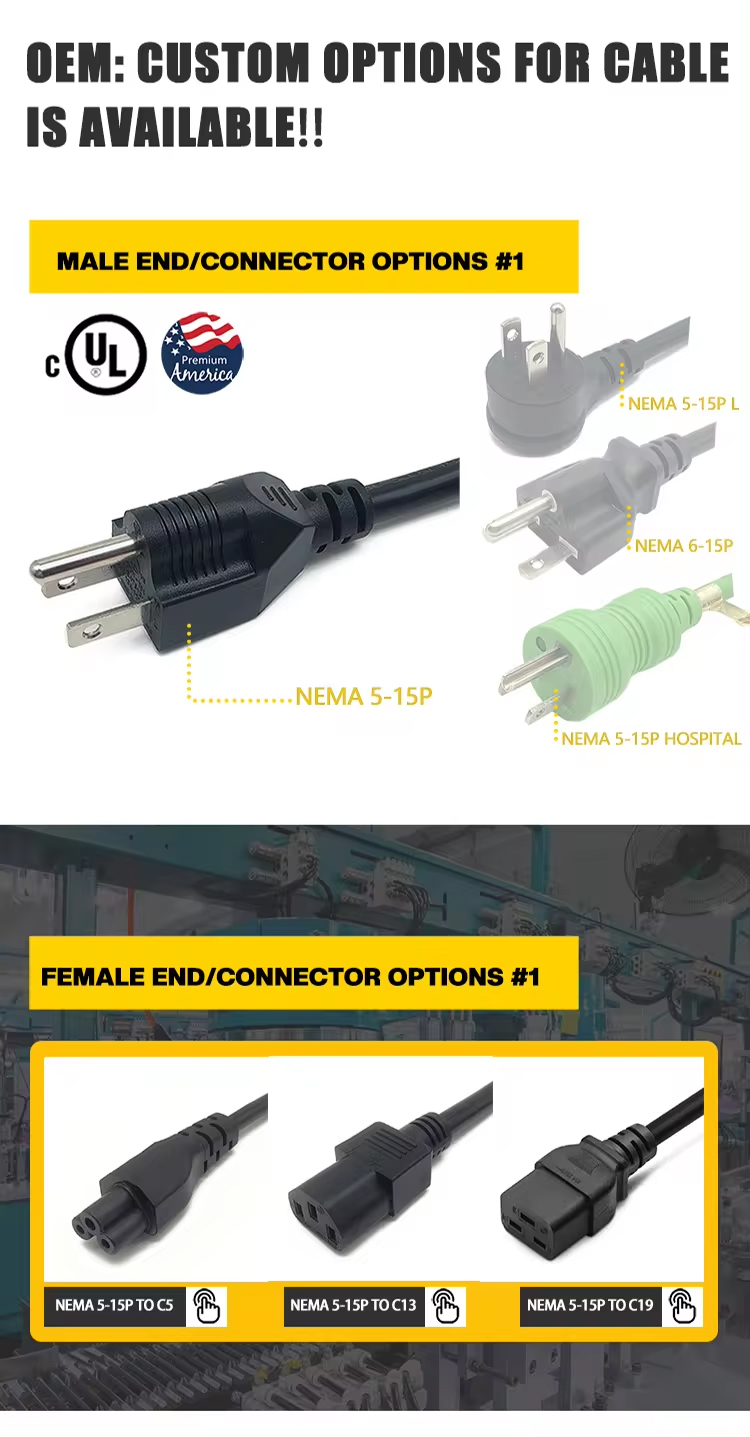 Amewire Factory Sale 3pin Plug Usa Ac Power Cord 3 Pin Power Cable24fj