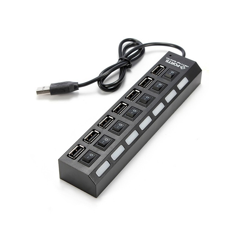 Amewire Factory price Hot Selling New 7 Ports LED 2.0 USB Adapter Hub Power on/off Switch For PC Laptop