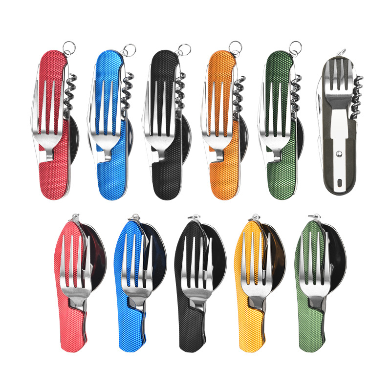 Multifunction Foldable Stainless Fork Spoon Flatware Set Outdoor Traveling Tableware
