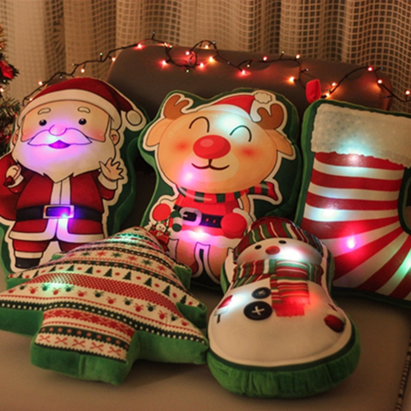 Świecące i śpiewające pluszowe ozdoby świąteczne z motywem Świętego Mikołaja, bałwana, renifera na choinkę i poduszki