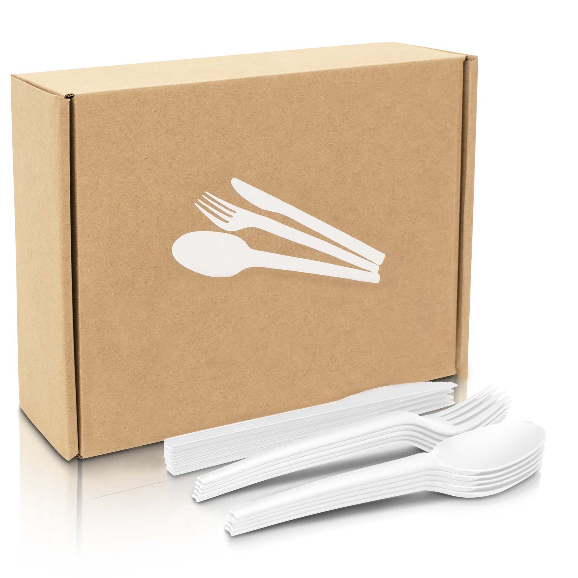 Quanhua 250 Pieces aircraft box biodegradable kitchen utensil Set 100 forks 100 knives 50 spoons compostable cutlery...