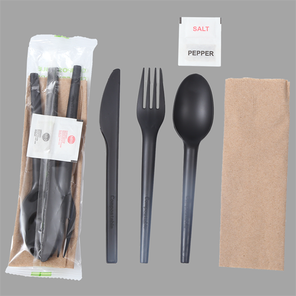 کیت کارد و چنگال Quanhua SY-16-FKSN CPLA با قاشق چنگال چنگالی چاقو و نمک و فلفل و دستمال در بسته بندی بیو یا بسته بندی کرافت.