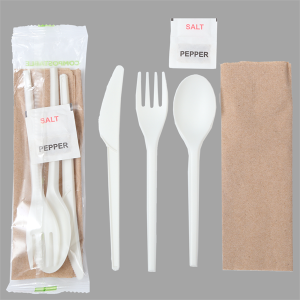 Quanhua SY-001002003-FKSN, Cuchillo, tenedor, cuchara, sal y pimienta y servilleta biodegradables livianos en paquete bio o paquete kraft.