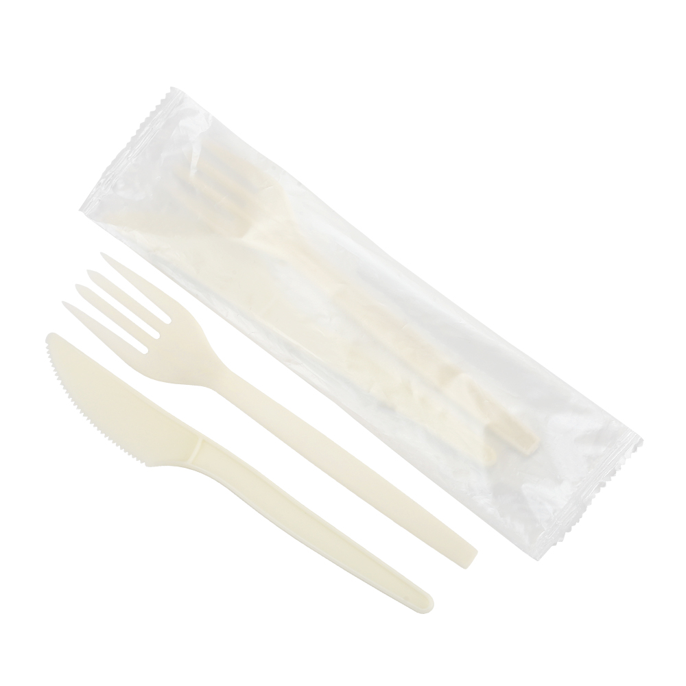 Quanhua SY-03-FKN, 6.75inch/171mm(± 2 mm) PSM fork&amp; PSM knife CornStarch eating utensils with napkin.