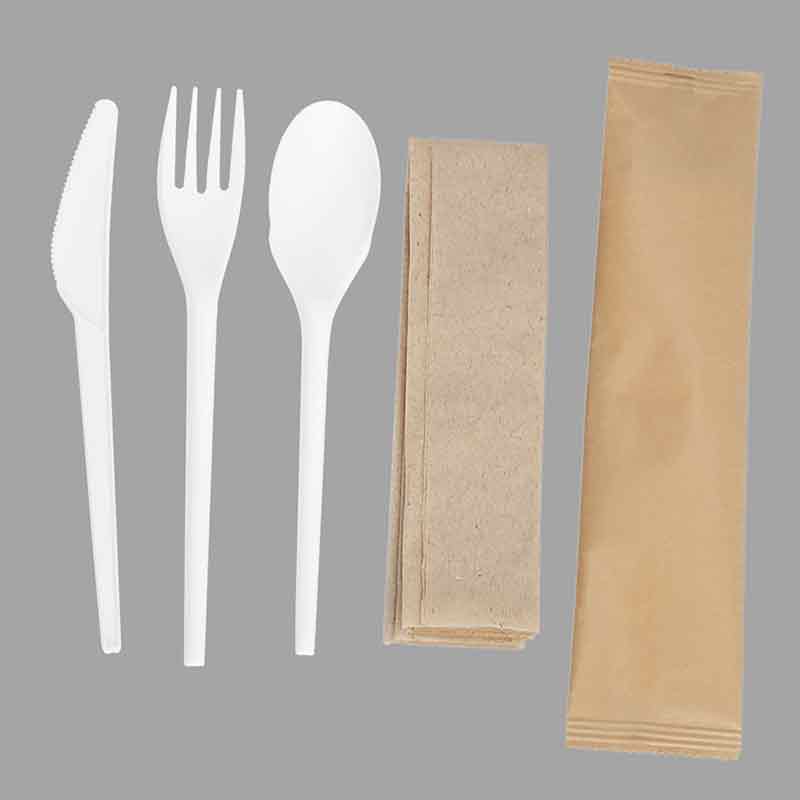 Quanhua SY-001022033-FKSN, Peralatan makan CPLA kompos ringan, sendok garpu, serbet kinfe 4 in 1 alternatif pengganti peralatan plastik.