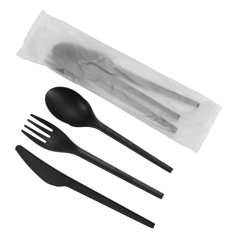 Quanhua SY-001002003-FKSN, Lightweight Biodegradable Plant-based material CPLA cutlery kits with napkin 4 in 1.