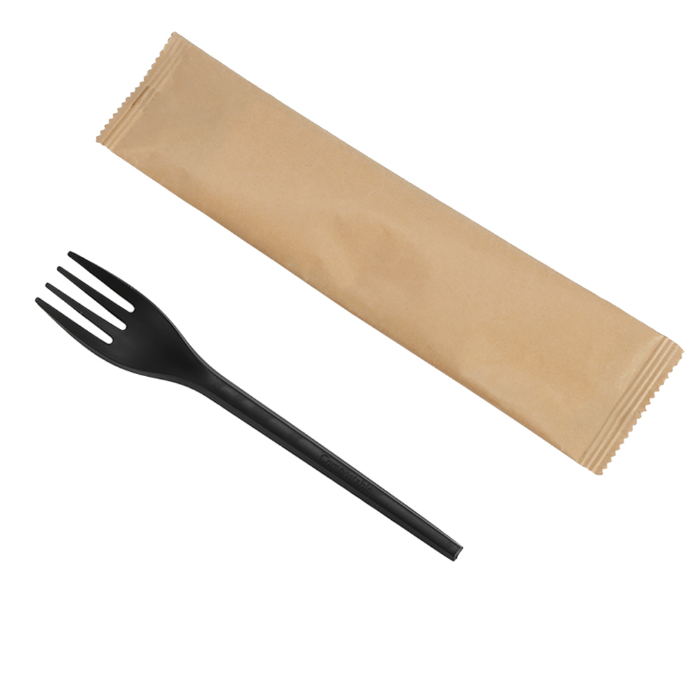 SY-002-I 6.3inch/160mm white compostable fork in individually wrapped bio-based CPLA forks for BBQ party picnic.