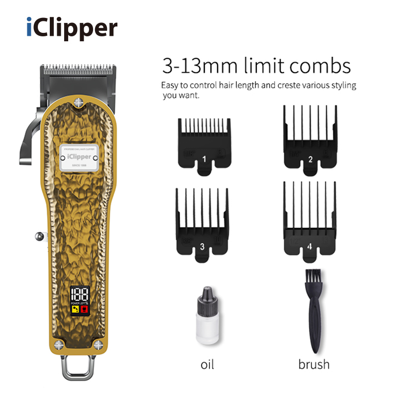 Iclipper-K2S USB профессиональ чәчтараш чәч кисү машинасы Электр корпуссыз LCD чәч кисүче алтын көмеш Барлык металл чәч кисүчеләр.