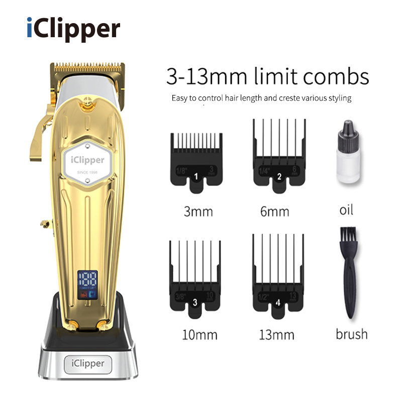 IClipper-K54NTS Барлык металл чәчтараш профессиональ чәч кисүчеләр Электр чыбыксыз LCD чәч кисүче алтын көмеш чәч кисү машинасы