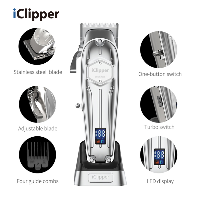 IClipper-K54NTS 모든 금속 이발사 전문 헤어 클리퍼 전기 무선 LCD 헤어 트리머 골드 실버 헤어 커팅 머신