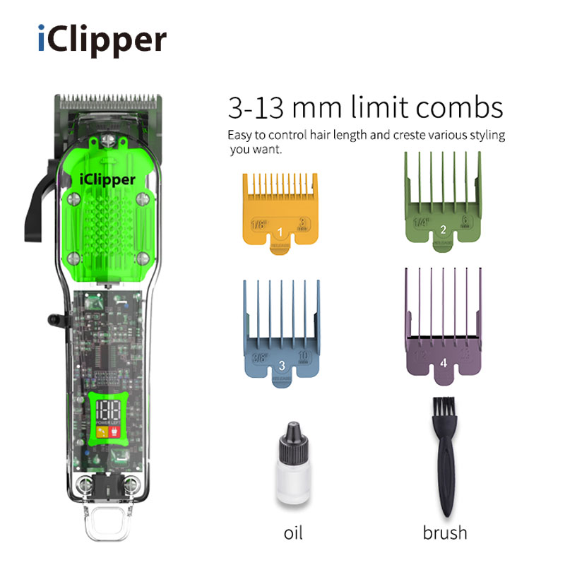 IClipper-Y11S Целосно транспарентен Професионален безжичен комплет за сечење коса Тример за коса за берберница